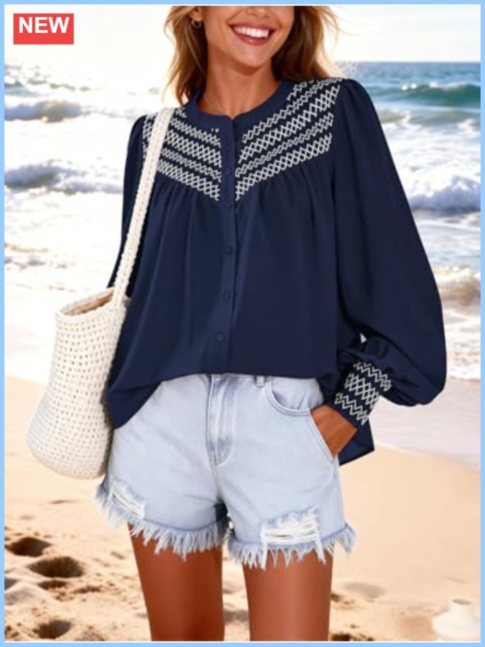 Long Sleeve Button Down Blouse Smocked Front Cuffs - Picture 2 of 6